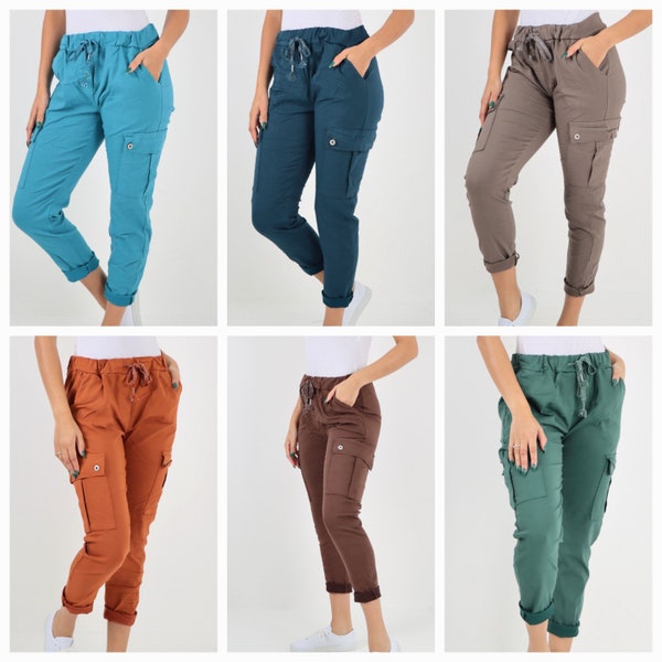 Ladies' Italian Stretch Plain Cargo Pants Women's Magic Trousers  Casual Joggers with Cargo Pockets