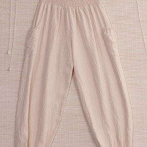 Made In Italy Smocked Harem Trousers with Side Pockets , Italian Yoga Pants Beige