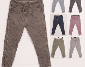 Italiaanse Cold Dye Magic Crushed Stretch-joggingbroek voor dames met diamantpaneel aan de zijkant, elastische broek