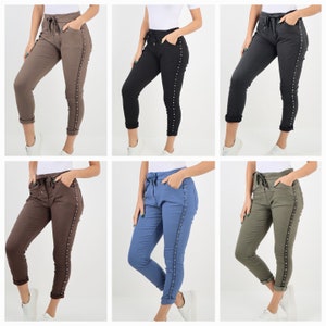 Italian Women Magic Crushed Stretch Joggers with Side Diamante Panel, Elasticated Trousers