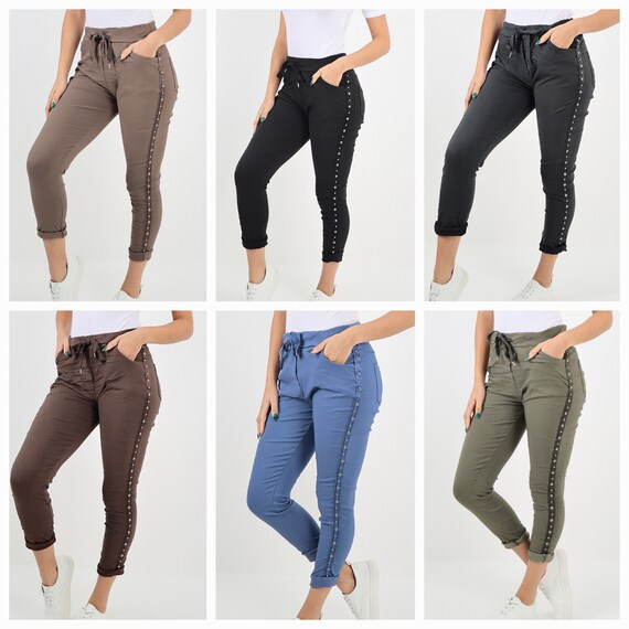 Pantaloni Jogger Jeggings Elasticizzati Donna - Tinta Unita, Lagenlook, Con Tasche - Vita Elasticizzata Con Coulisse - Made In Italy