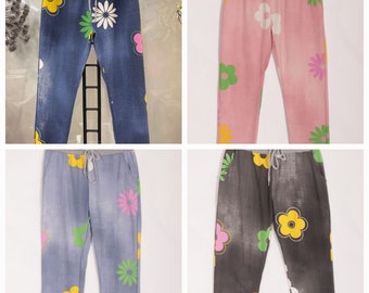 Womens  Pants Turn Up Lightweight Pants Summer Floral Star Print Cotton Italian Trousers