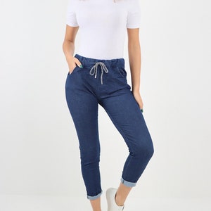 Ladies Women&#39;s Italian Stretchy Plain Vintage Wash Magic Comfy Lagenlook Trousers Jeans Pants
