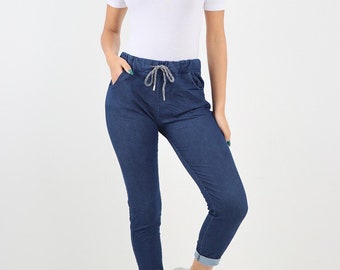 Ladies Women's Italian Stretchy Plain Vintage Wash Magic Comfy Lagenlook Trousers Jeans Pants