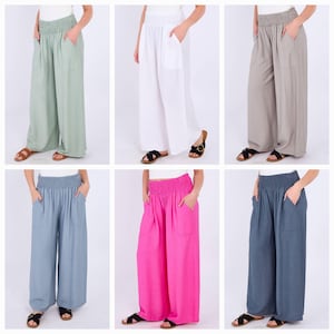 Italian Smocked Elasticated Waist Plain Palazzo Trousers