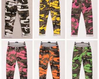 Womens Ladies Italian Camouflage Print Italian Trousers Jogging Bottom Pants Casual Joggers