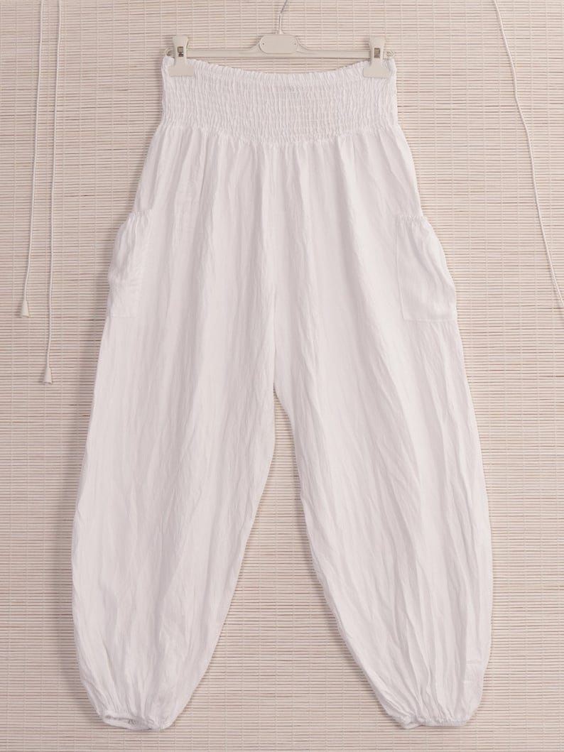 Made In Italy Smocked Harem Trousers with Side Pockets , Italian Yoga Pants White