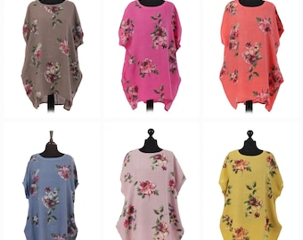 Italian Linen Plus Size Floral Top, Batwing Sleeve