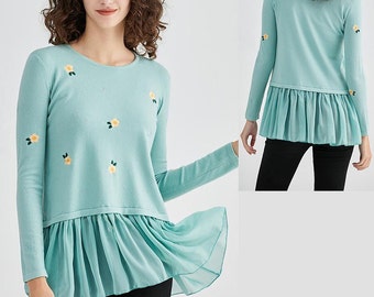 Ladies  Embroidered Flower Knitted Jumper With Chiffon Hem