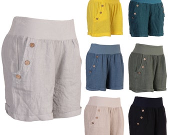 Italian Side Button Detail Linen Relaxed Fit Shorts, Made In Italy