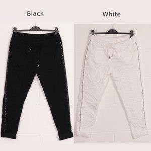 Jogging stretch magique teint à froid pour femme italienne avec empiècement latéral en strass, pantalon élastiqué image 5