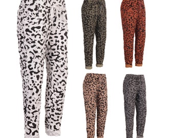 Italian Leopard Print Cotton Magic Trousers Animal Print Pants, Ladies Casual Stretch  Joggers, Made In Italy Clothing