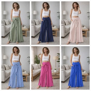 Op de afbeelding: Collectie van zes wijde broeken in verschillende kleuren: saliegroen, marineblauw, blush roze, lichtblauw, magenta en koningsblauw. Elke broek heeft een strik in de taille en zijzakken. De broeken worden getoond met een witte crop top.