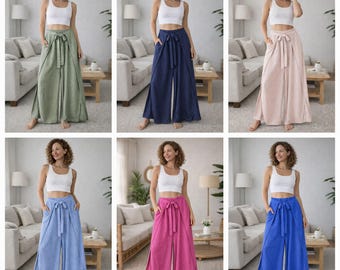Italian Wrap Front & Split Hem Wide Leg Trousers With Tie Waist