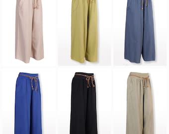 Italian Made Plain Linen Wide Leg Trousers palazzo Culottes