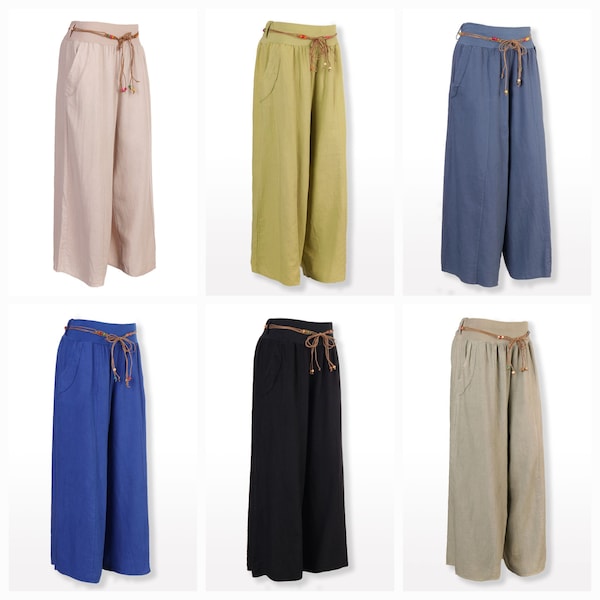 Italian Made Plain Linen Wide Leg Trousers palazzo Culottes