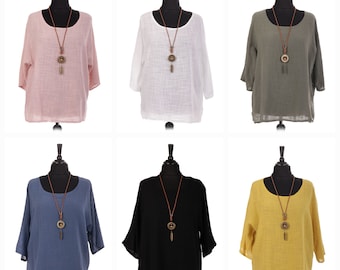 Ladies Italian Lagenlook Tunic Cotton Crop Top Women Round Neck Necklace Quirky Shirt