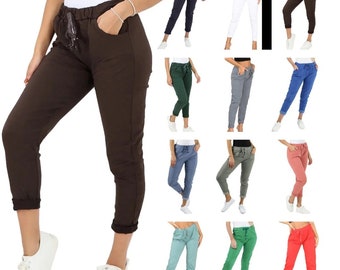 Pantalones italianos elásticos lisos mágicos cómodos Lagenlook para mujer