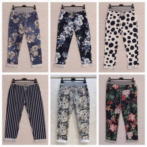 Italian Cotton Joggers: Women's Elastic Waist Floral Print Trousers
