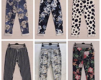 Women&#39;s Italian Elastic Waist Printed Jogging Pants Trouser New Ladies Floral Active Yoga Turn Up Casual Joggers