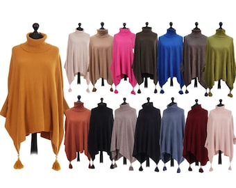 Italian Ladies Cowl Neck Batwing Tassels Poncho Knitted Winter Shawl Jumper Top