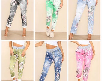 Womens Ladies Floral Print Italian Trousers Jogging Bottom Pants Casual Joggers