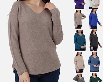 Women Classic Knitted V Neck Jumper Sweater, Made in Italy Knitted Top