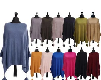 Italian Ladies Plus Size Batwing Tassels Poncho Knitted Winter Shawl Jumper Top