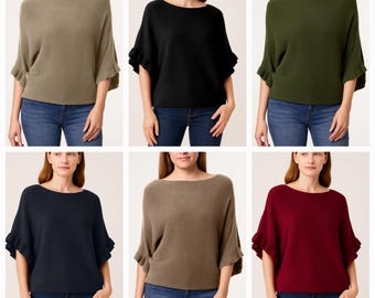 Italian Ruffle Sleeves Batwing Jumper, Women knitwear