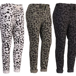 Italian Leopard Print Stretch Magic Pants, Made In Italy Women Elastic Animal Print Comfy Trousers with Side Pockets