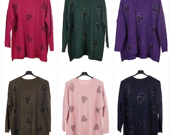 Ladies Italian Knitted Batwing Diamante Heart Jumper Women Top