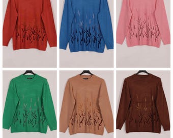 Feather Pattern Knit Jumper, Wool Blend Sweater, Christmas jumper