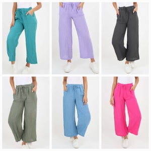 Italian Women Plain 100% Linen Palazzo Trouser, Made In Italy Clothing