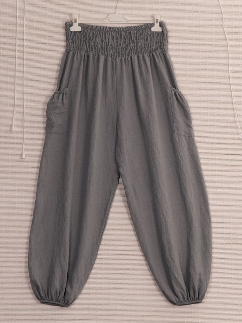 Made In Italy Smocked Harem Trousers with Side Pockets , Italian Yoga Pants Gray