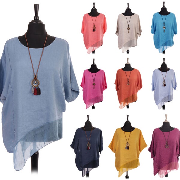 Plus Size Italian Linen Asymmetric Silk Hem Top With Necklace, Made In Italy Linen Tops, Summer Tops