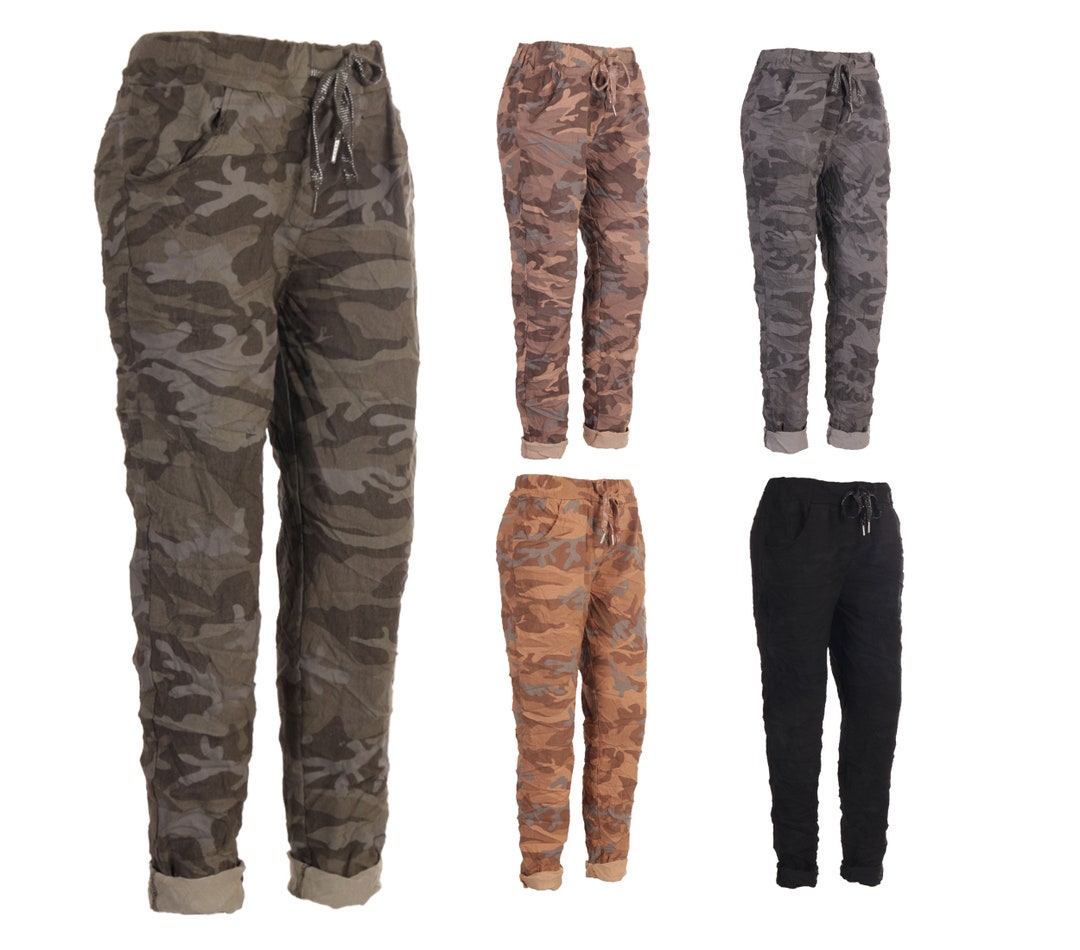 Italian Stretch Camo Pants, Made in Italy Camouflage Print Cotton Magic