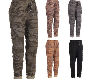 Italian Stretch Camo Pants, Made in Italy Camouflage Print Cotton Magic Trousers, Stretchy Joggers