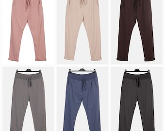 Women Ladies New Italian Elastic Waist Joggers Cotton Trousers Summer Plus Size