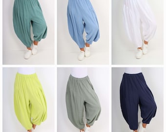 Linen Blend Harem Style Barrel Pants, Cocoon Style, Made in Italy