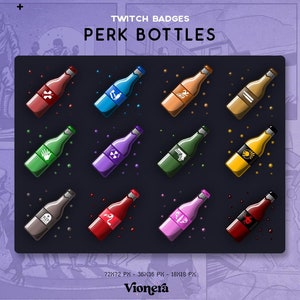 Könnte beinhalten: Zwölf bunte Glasflaschen mit verschiedenen Designs auf den Etiketten. Die Flaschen sind in einem Raster von drei Reihen und vier Spalten angeordnet. Die Flaschen sind alle gleich groß und haben die gleiche Form. Die Etiketten auf den Flaschen zeigen verschiedene Designs, darunter einen Totenkopf und Knochen, einen Schraubenschlüssel, ein Strahlungssymbol, eine Hand, eine Schlange, ein Herz und eine Spinne. Die Flaschen befinden sich alle vor einem dunklen Hintergrund. Der Text "TWITCH BADGES PERK BOTTLES" befindet sich oben im Bild.