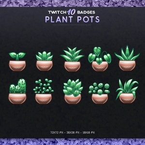 Könnte beinhalten: Satz von 10 Twitch-Badges mit verschiedenen Pflanzenarten in Terrakotta-Töpfen. Die Badges sind im Cartoon-Stil gestaltet und perfekt für die Verwendung auf Twitch-Streams. Der Text "TWITCH 10 BADGES PLANT POTS" befindet sich oben im Bild.