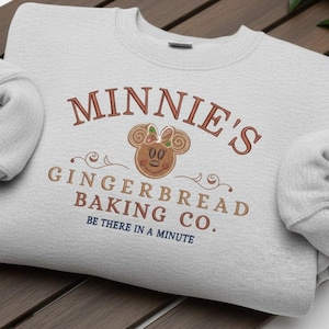 Minnie’s Gingerbread Baking Co. Embroidered Christmas Sweatshirt | Disney Themed Holiday Crewneck | Cozy Gingerbread Sweatshirt | Christmas