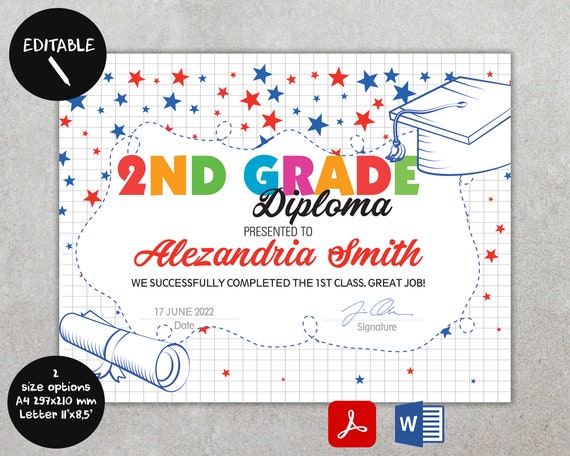 Editable 2nd Grade Diploma Certificate for Students Kids - Etsy Canada