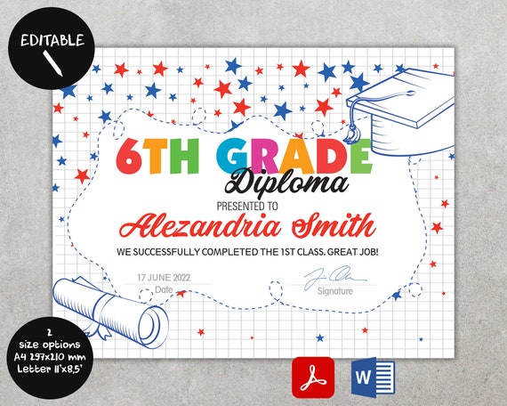 Editable 6th Grade Diploma Certificate for Students Kids - Etsy Australia