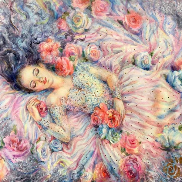 Movas Art Square Diamond Painting A Woman Sleeping in Flowers / Multicolored ( 109 color quantity ) / Wall Decor 40x50cm E20201128M