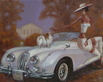 Movas Art, peinture carrée diamant Une femme rétro, une voiture et un chien, mosaïque diamant/décoration murale 30 x 40 cm E20201167