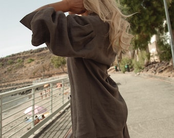 SAIL Relaxed Fit Linen Shirt – Long Puff Sleeve Linen Blouse, Lightweight Button-Up Summer Top