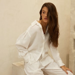 SAIL White Linen Shirt – Relaxed Fit Button-Up with Puff Sleeves, Lightweight Summer Linen Blouse