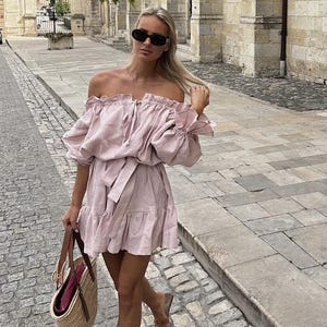Puff sleeve off-shoulder mini linen dress in dusty rose Moonlove