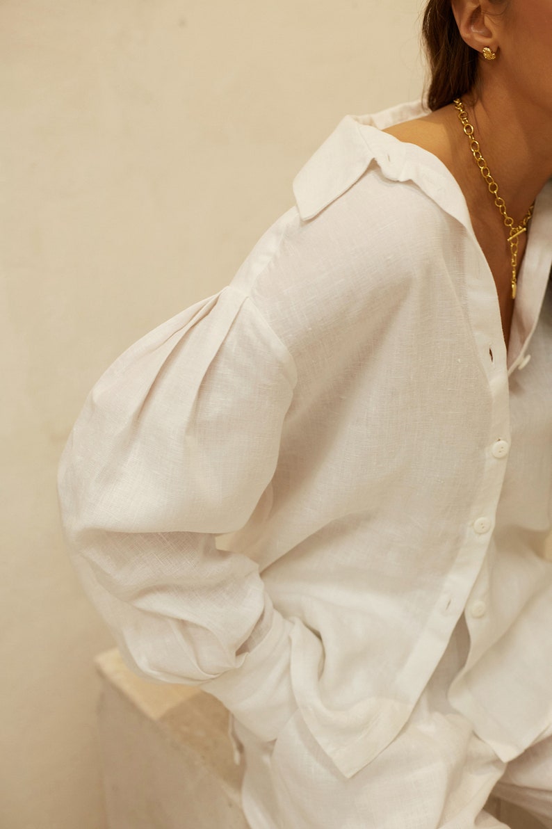 Oversized long puff sleeves linen shirt Sail image 7